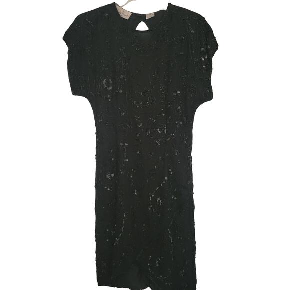 Lawrence Kazar New York Black Cocktail Dress  Pure Silk Size S Sequences Vintage - Picture 2 of 10